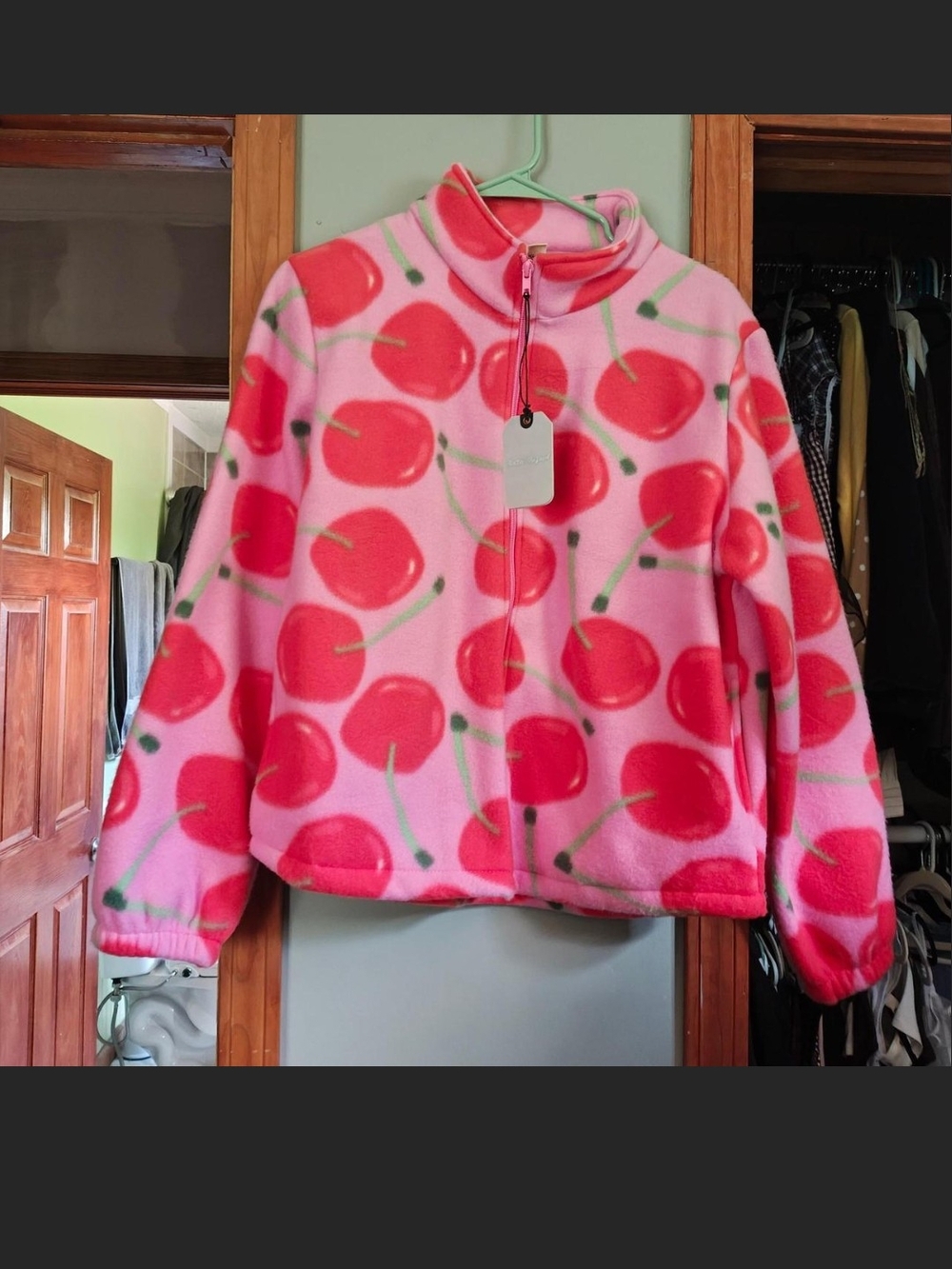 Pink Cherry Print Fleece Jacket
